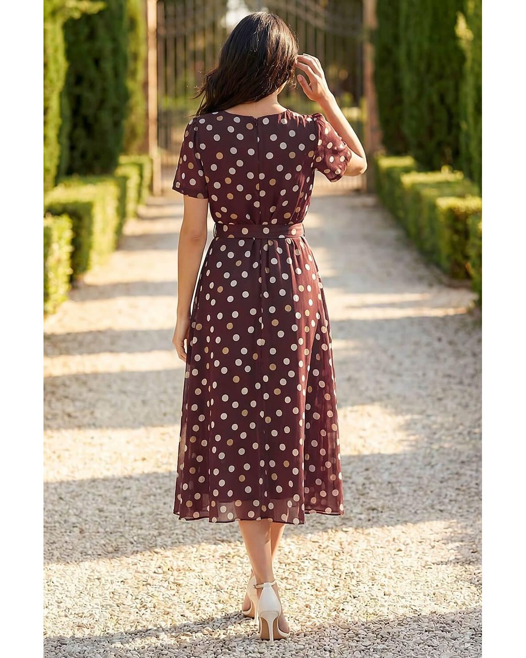 Roman Brown Polka Dot Pleat Neck Midi Dress
