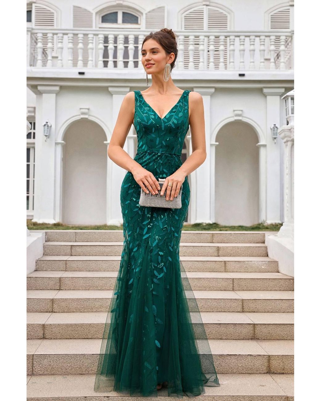 FS Collection Green Sequin Leaf Detailed V Neck Bridesmaid Maxi Dress