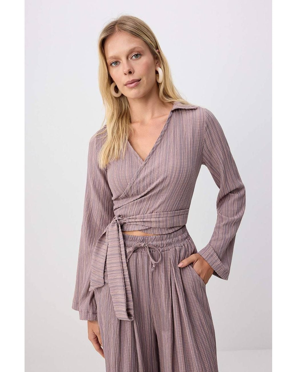 WOVCOR Gray 2-Piece Crossover Blouse Relaxed Fit Trouser Co-Ord Set
