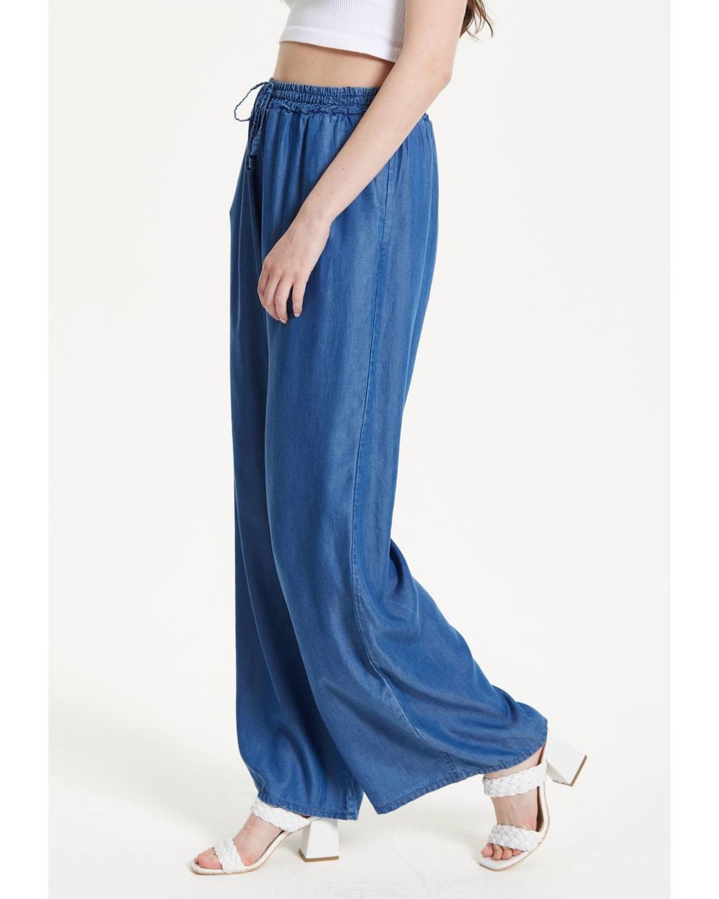 Liquorish Blue Drawstring Wide Leg Trousers