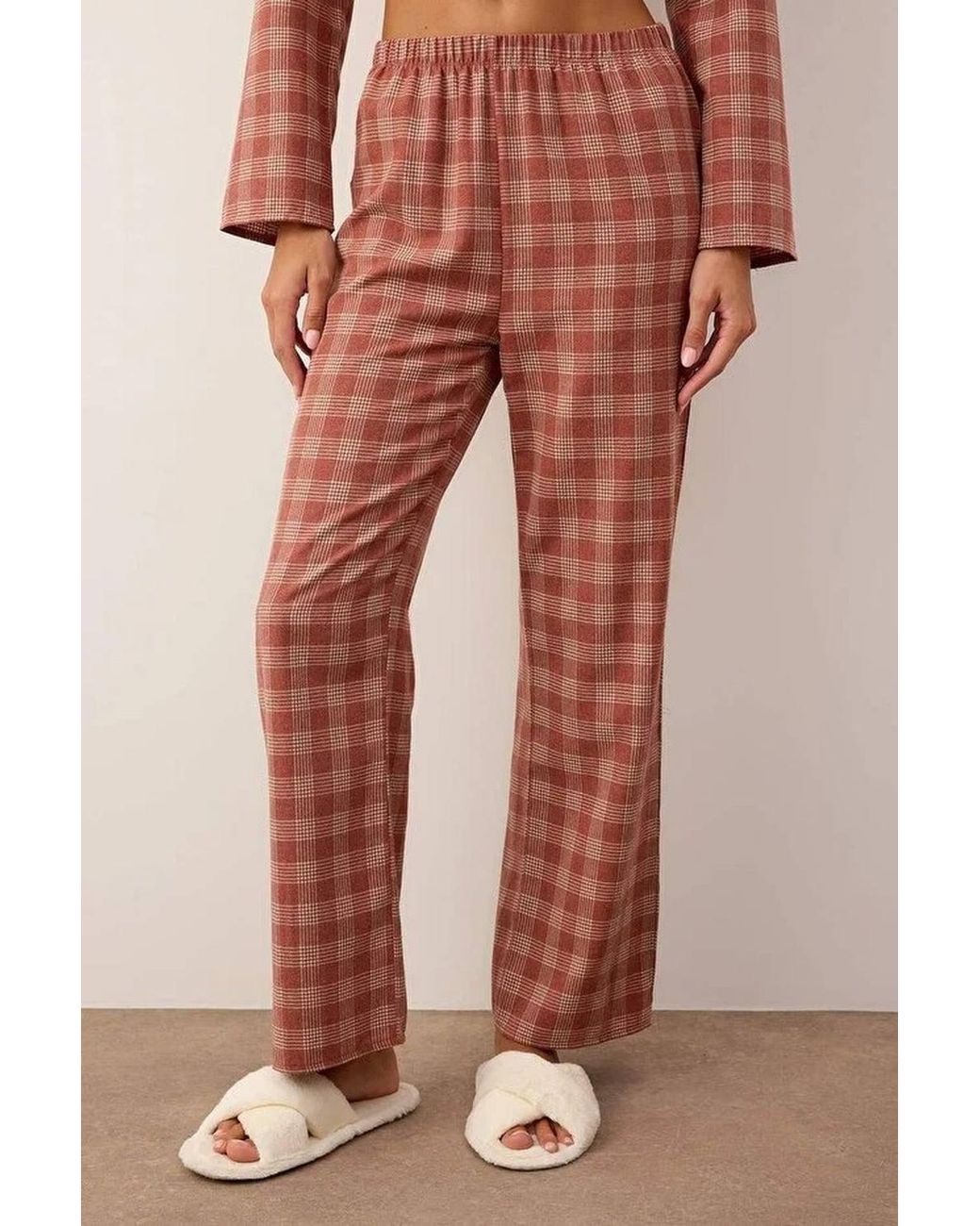 WOVCOR Brown Check Flannel Revere Collar Long Sleeve Cotton Woven Pyjama Set