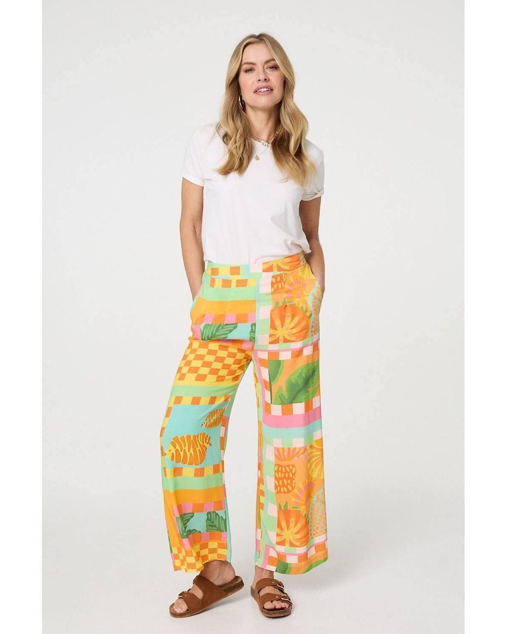 Izabel London Orange Tropical Tile Print Wide Leg Trousers