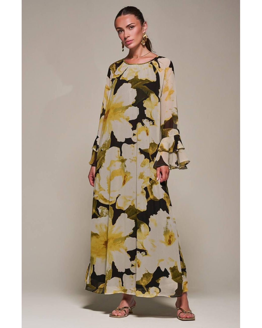 Jolie Moi Natural Chiffon Long Sleeve Shift Maxi Dress