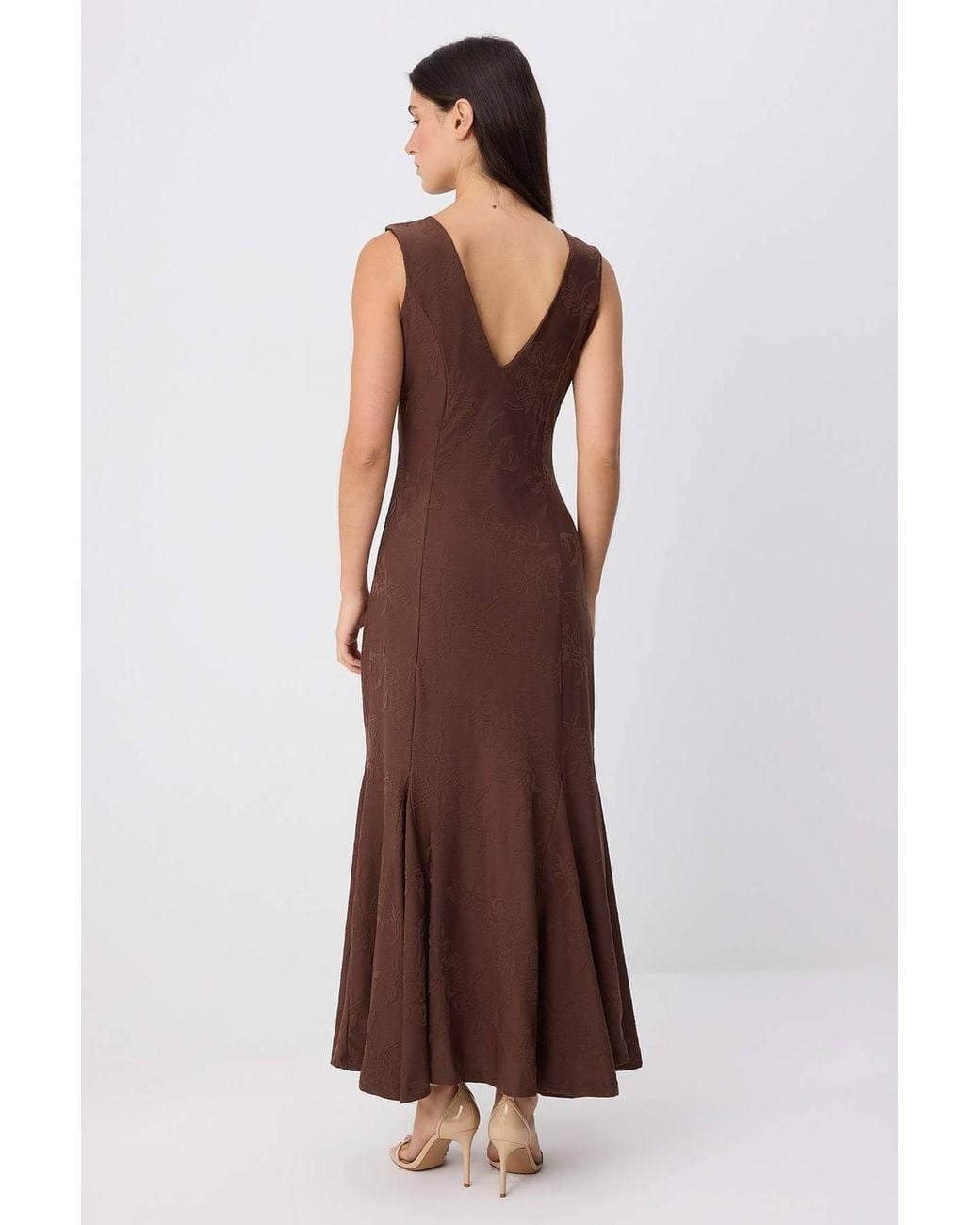 WOVCOR Brown V Neck Thick Strap Sleeveless A-Line Maxi Dress