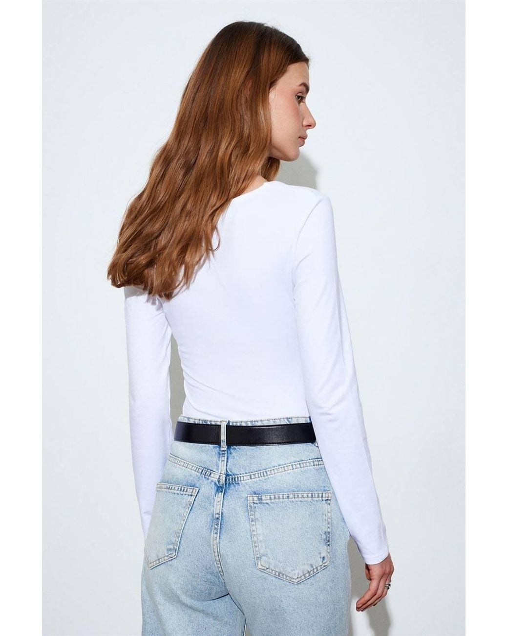 Dilvin White Slim Fit V-Neck Jersey Blouse