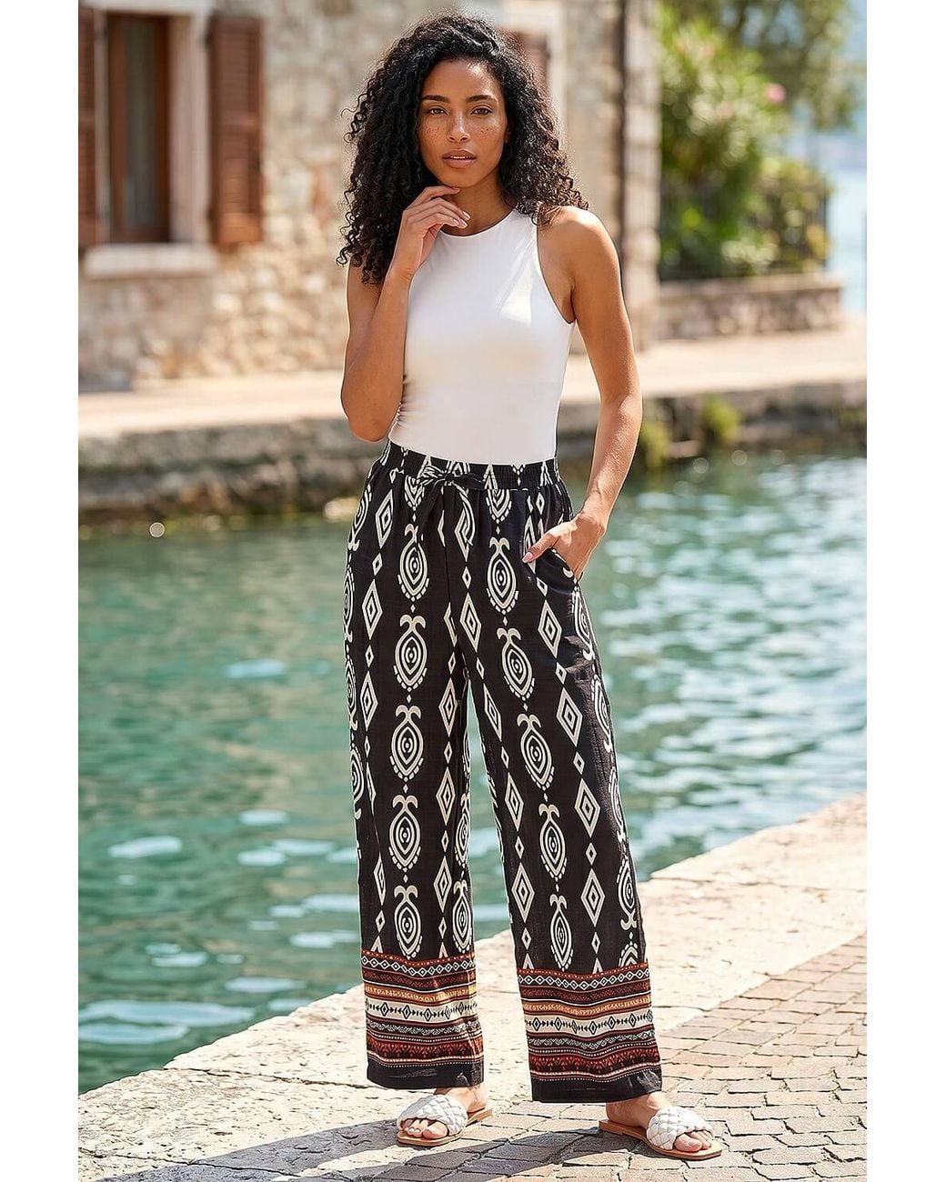 Roman Black Aztec Border Print Wide Leg Trousers