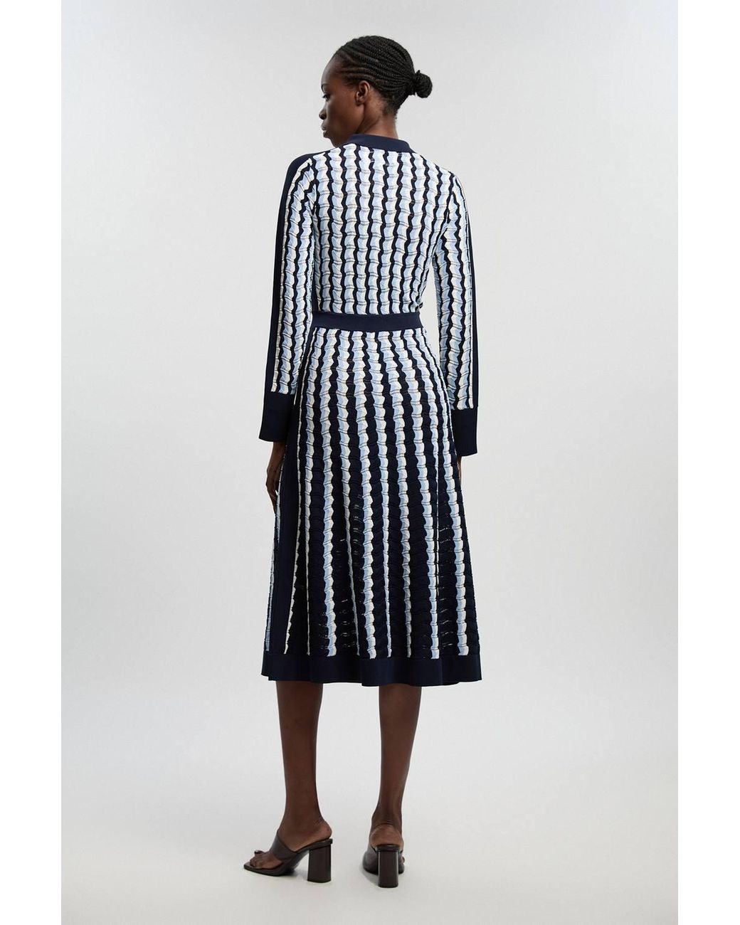 Karen Millen White Knit Pointelle Contrast Collared Midi Dress