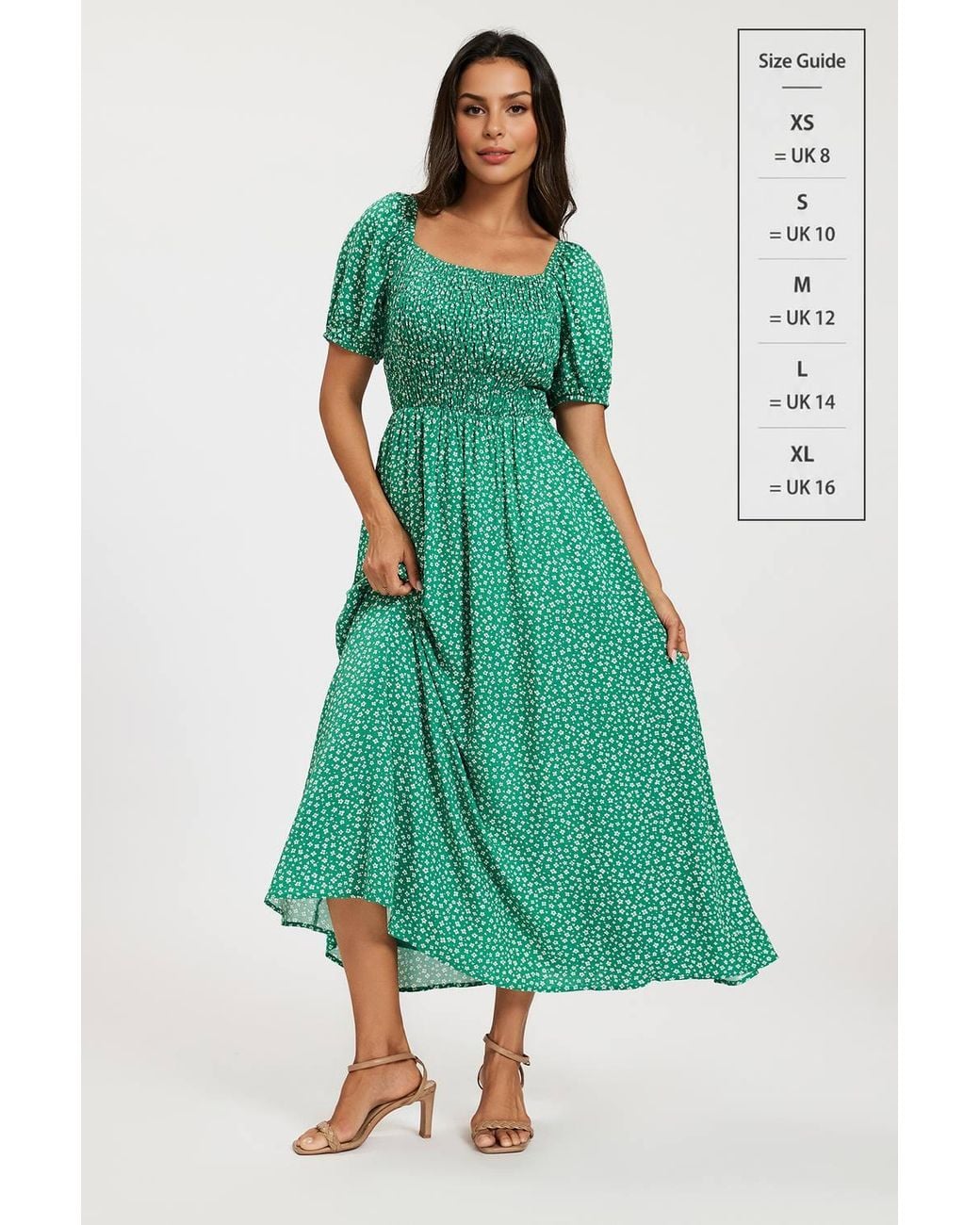 FS Collection Green Floral Shirred Square Neck Midi Dress W/ Puff Sleeves