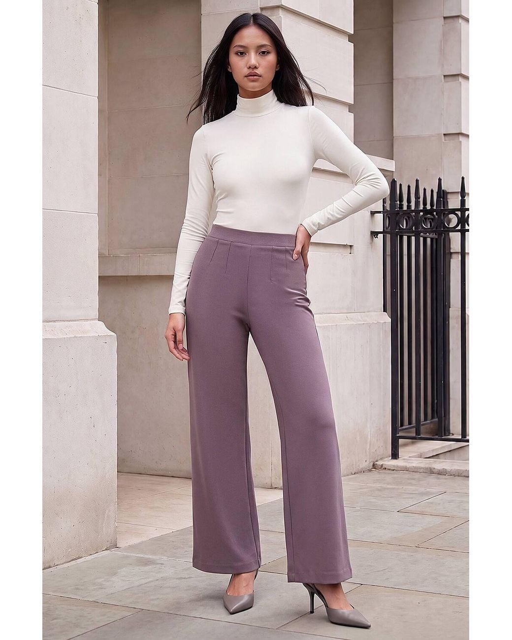 Roman Purple Petite Wide Leg Ponte Stretch Trouser