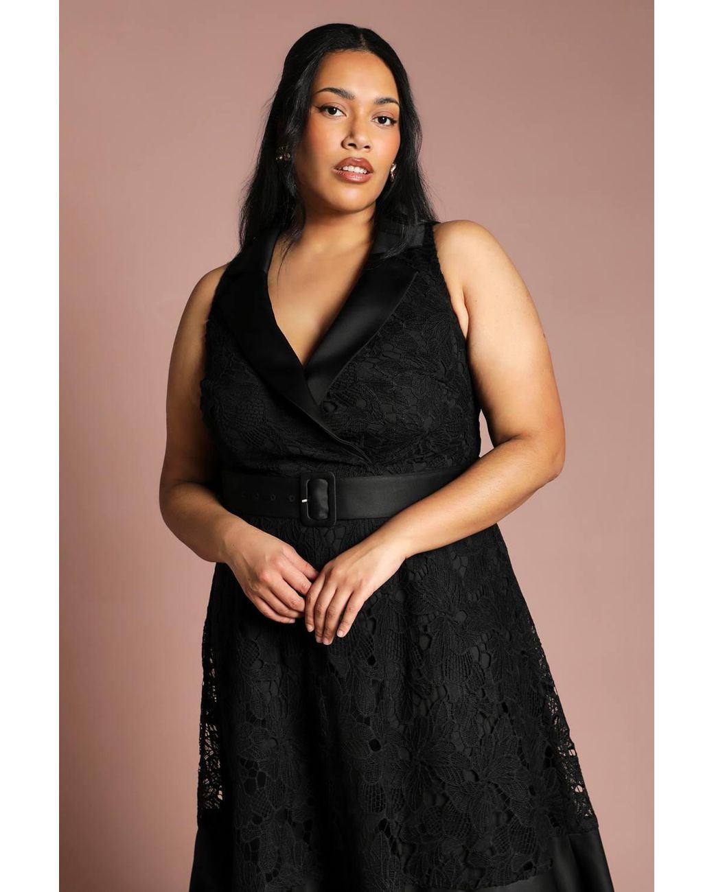 Coast Black Plus Lace Sleeveless Satin Contrast Midi Skirt Dress