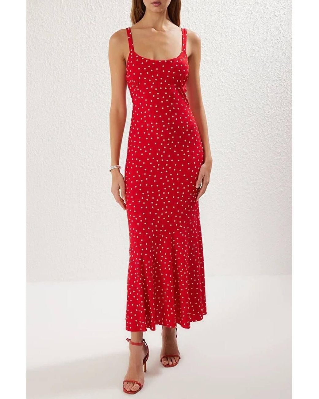 WOVCOR Red Polka Dot Strappy Bodycon Maxi Dress W/ Frill Hem