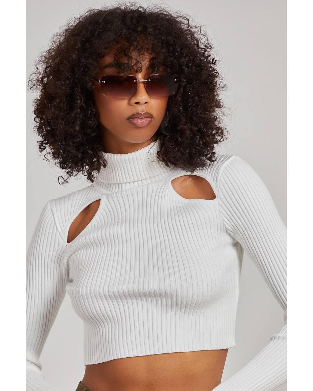 Pink Vanilla White Ribbed Roll Neck Jumper W/ Cut Out Detail