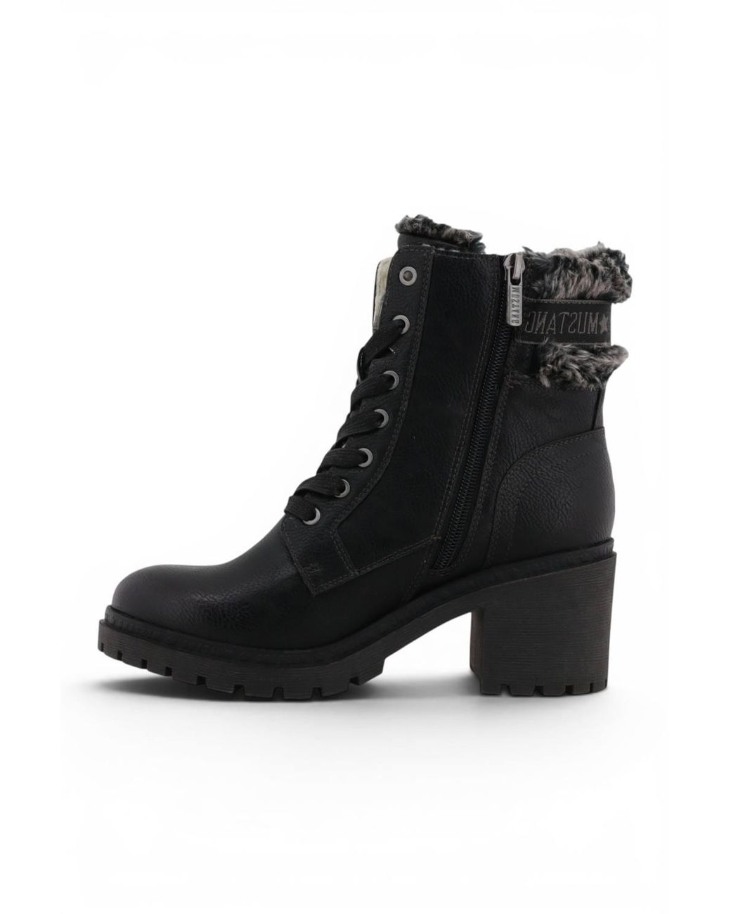 Infinity Leather Black Mustang Winter Warm Heeled Lace-Up Boots