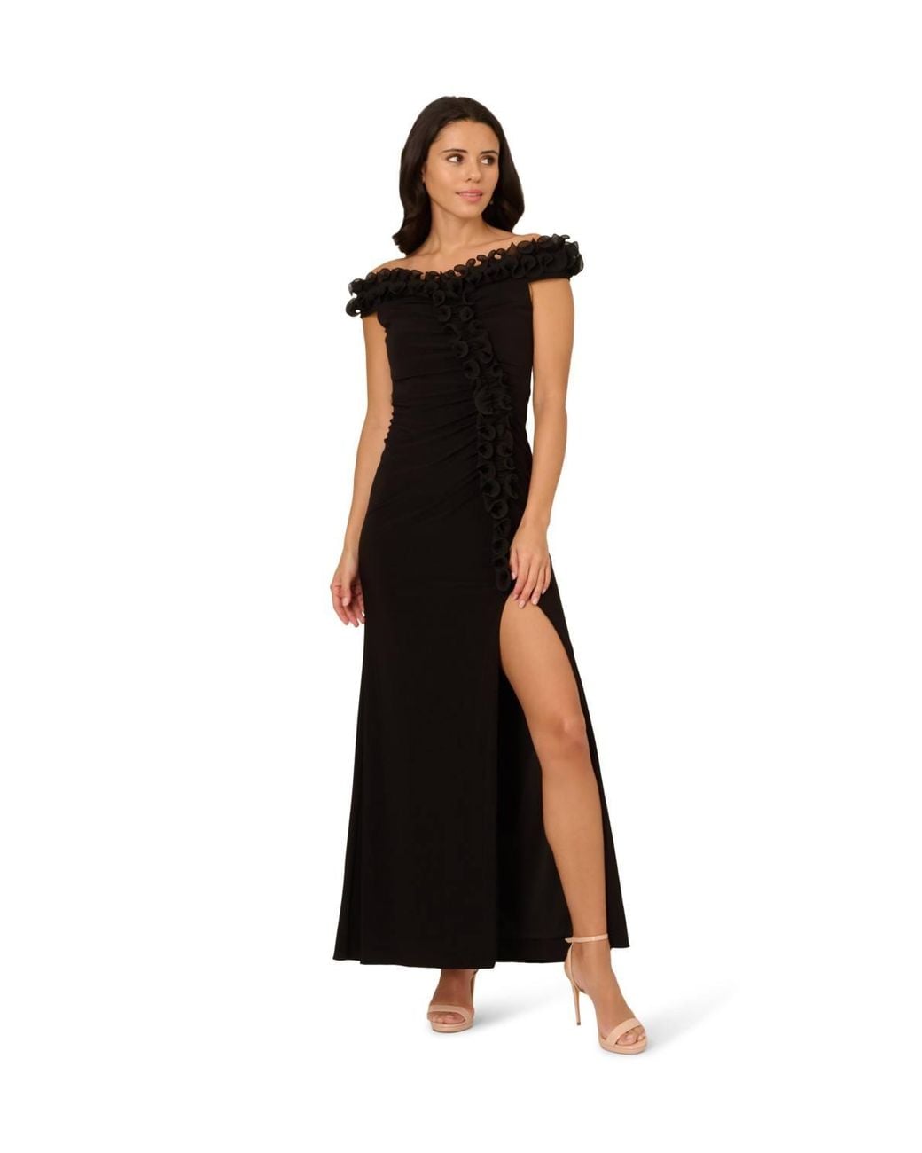 Adrianna Papell Black Jersey Ruffle Trim Gown Dress