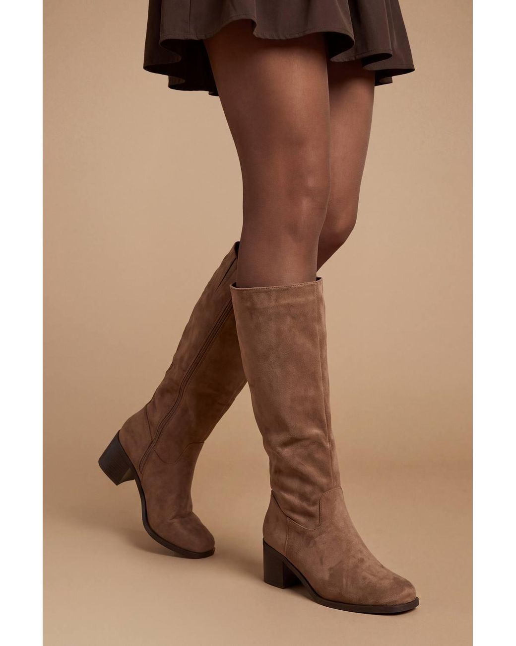 Oasis Brown Evie Faux Suede Medium Block Heel High Leg Boots
