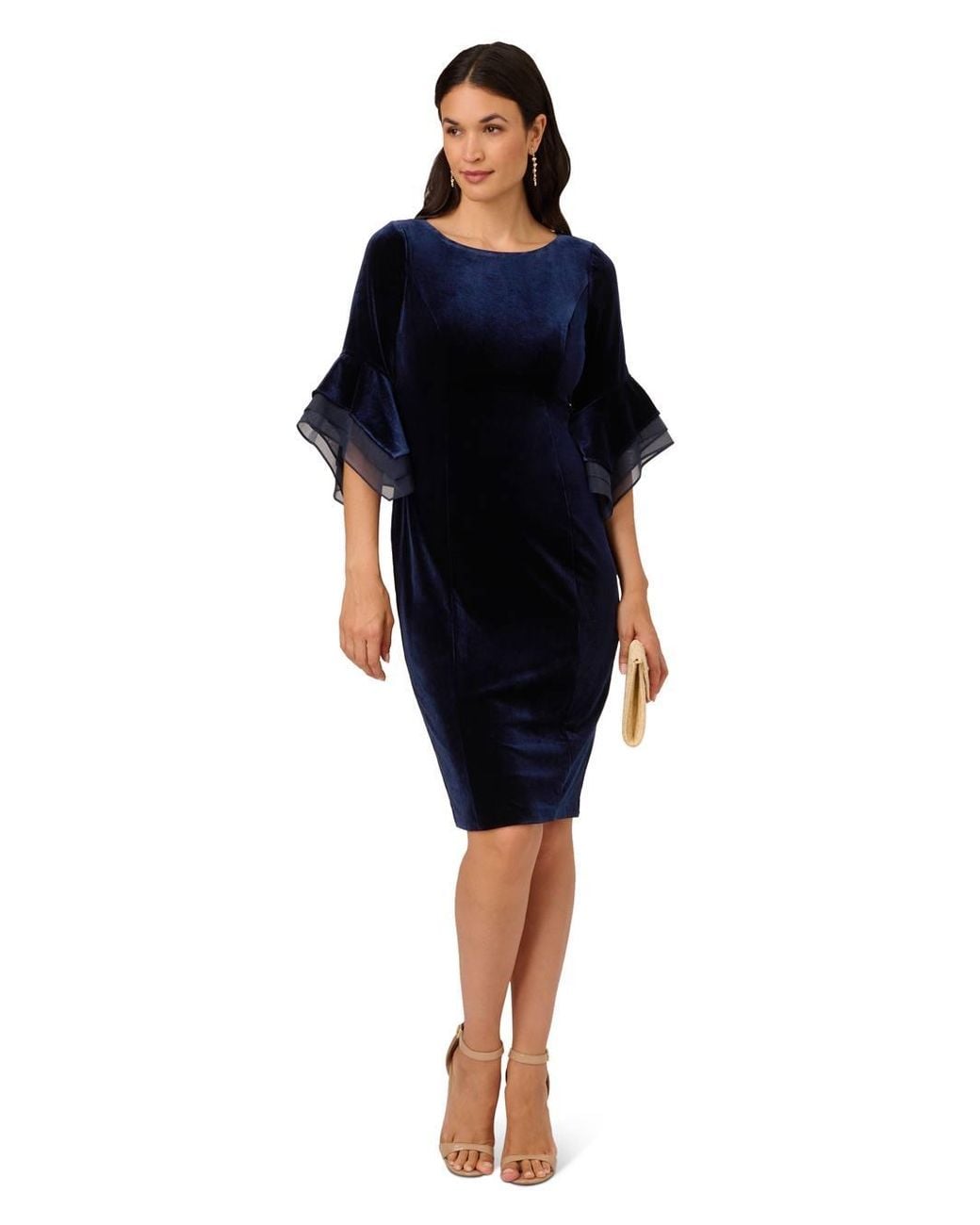 Adrianna Papell Blue Velvet Bell Sleeve Short Dress