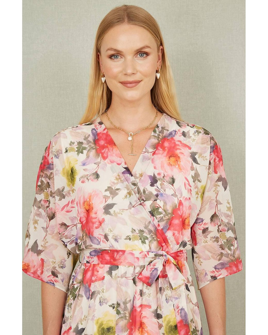 Yumi' Pink Vintage Floral Wrap Midi Dress W/ Frill