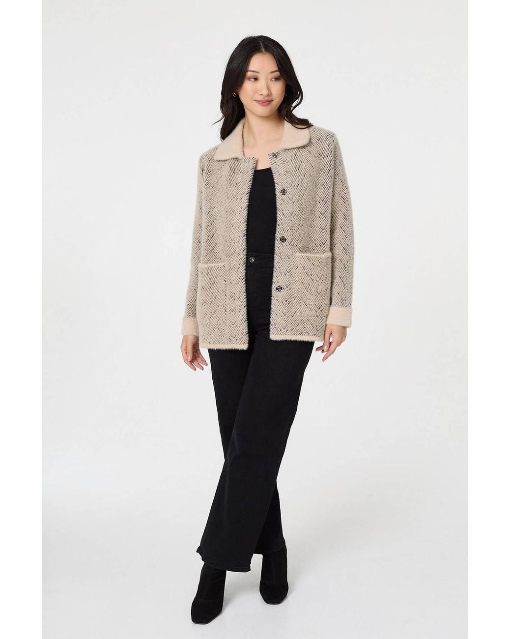 Izabel London Natural Chevron Texture Faux Fur Boxy Jacket