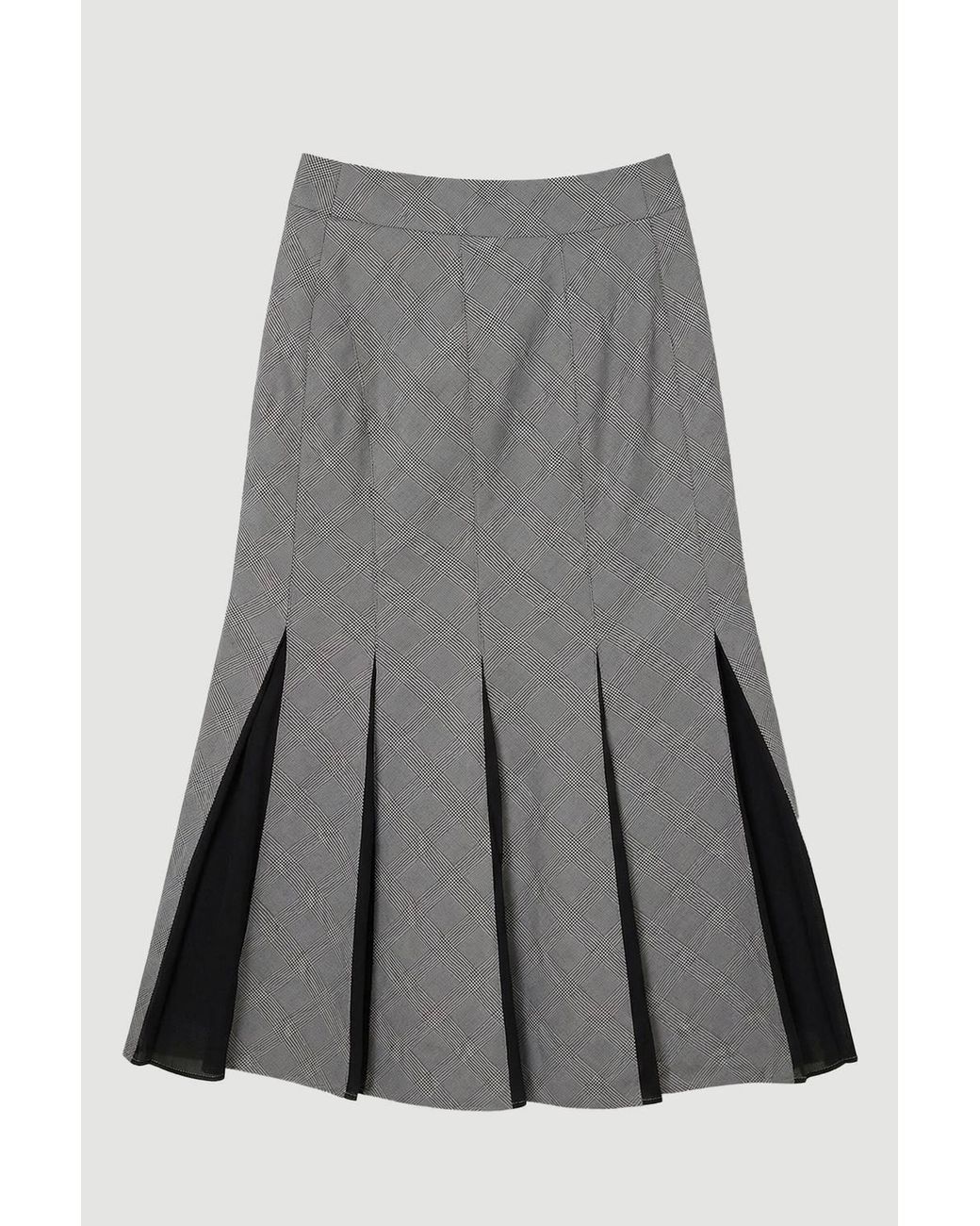 Karen Millen Gray Petite Soft Tailored Check Godet Detail Midi Skirt