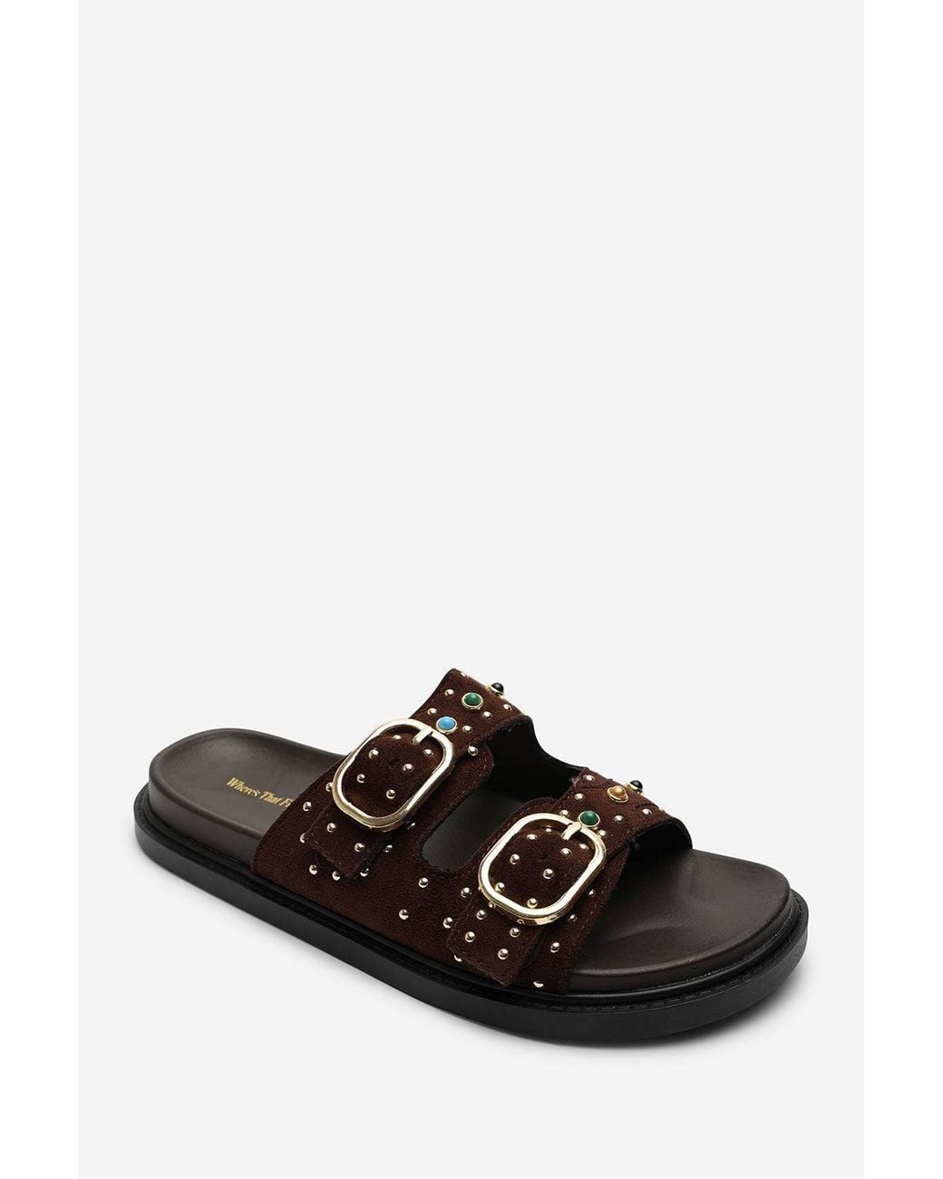 Where's That From Black Ceylon Diamante Stud Double Buckle Suede Slide On Sandal