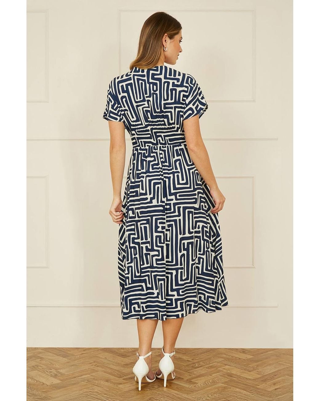 Yumi' Blue Geometric Print Ruched Waist Midi Dress W/ Kimono Sleeves