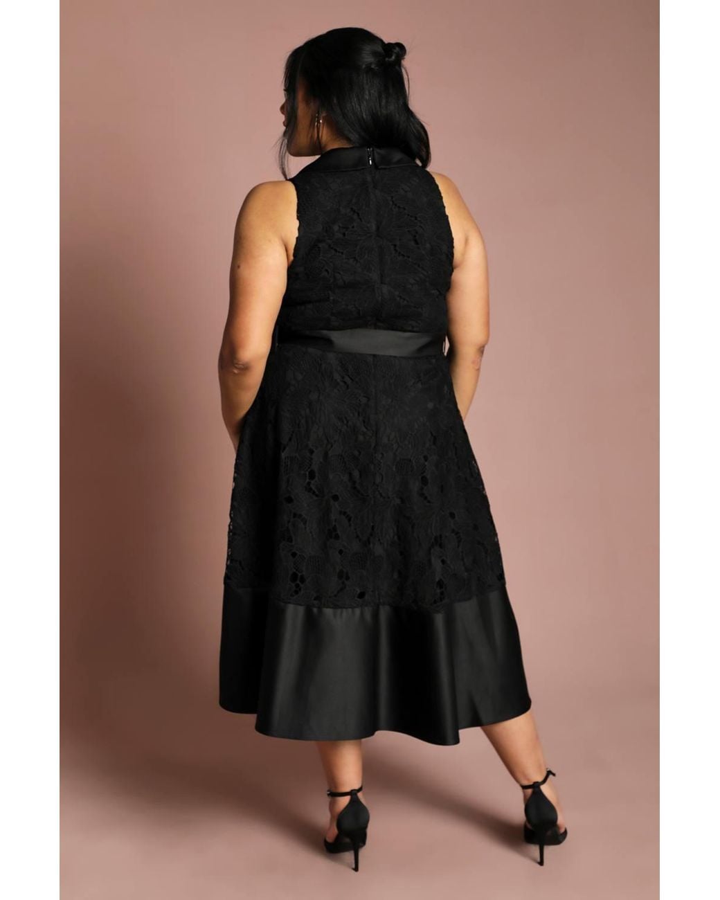 Coast Black Plus Lace Sleeveless Satin Contrast Midi Skirt Dress