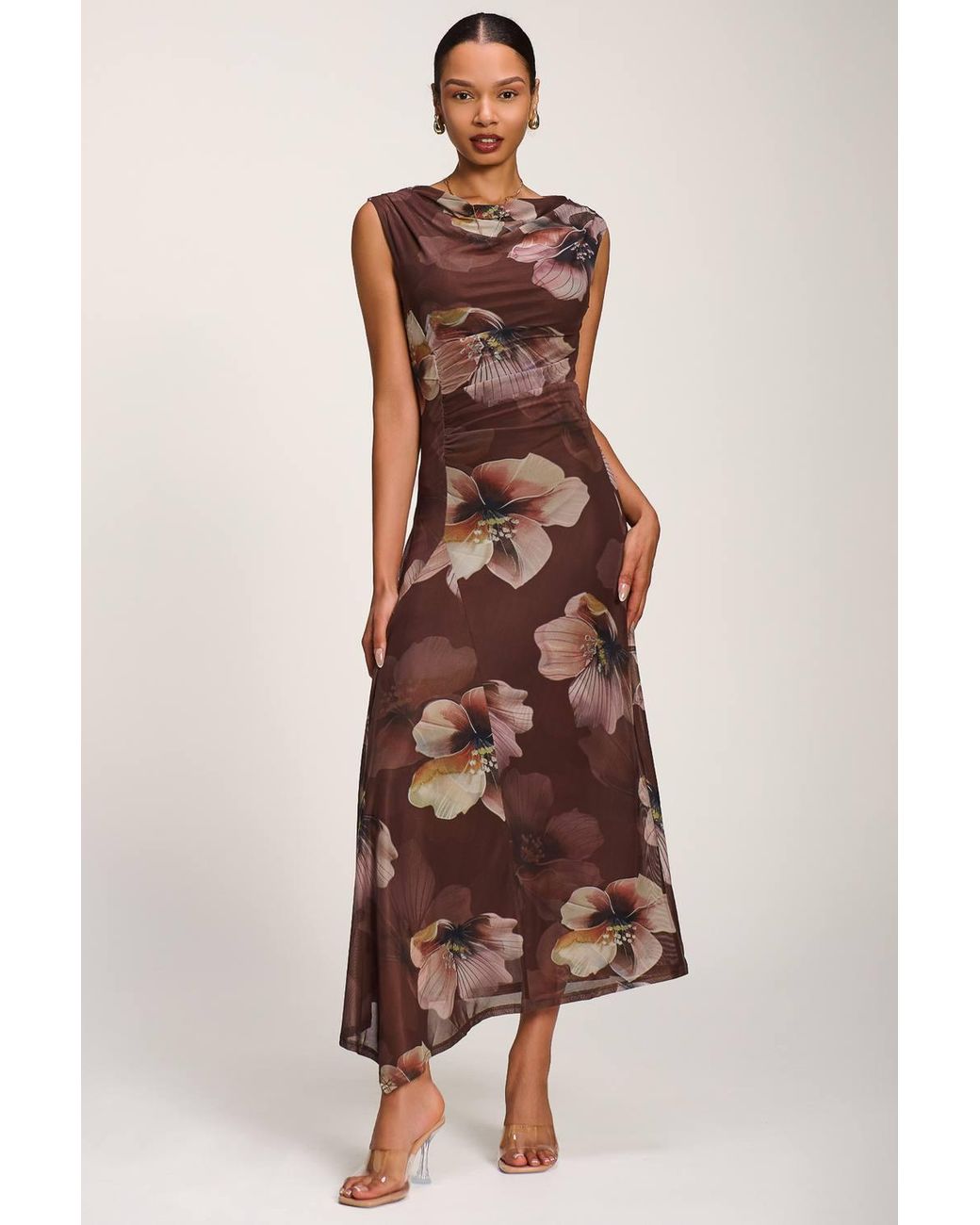 Jolie Moi Brown Asymmetric Draped Mesh Maxi Dress