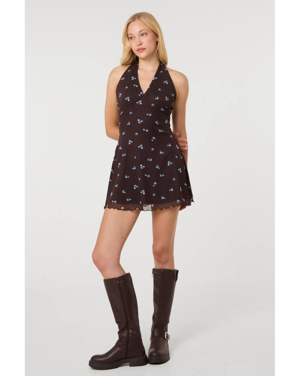 Pink Vanilla Black Floral Polka Dot Mesh Halter Dress