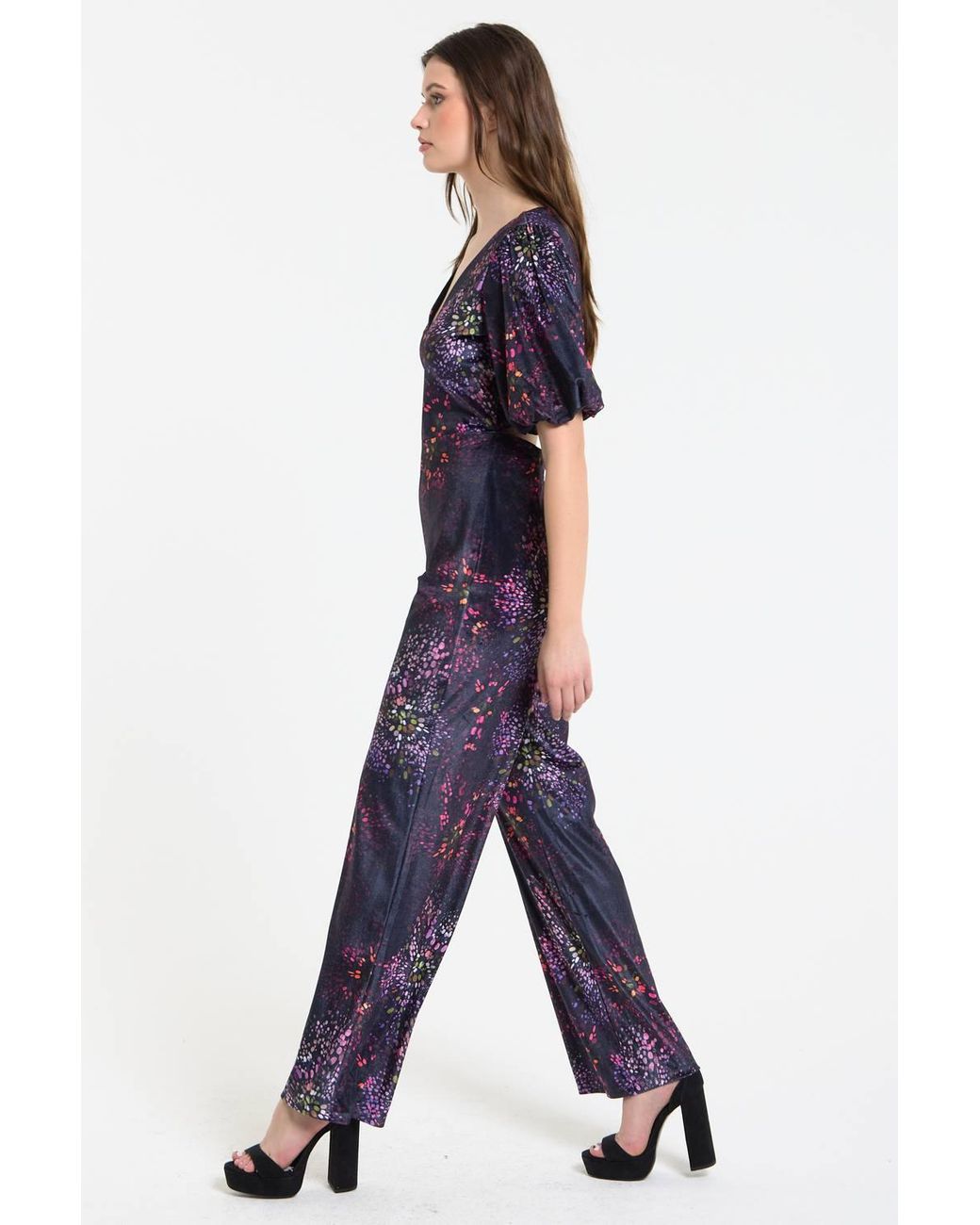 Liquorish Blue Floral Printed Velvet Wide Leg Jumpsuit