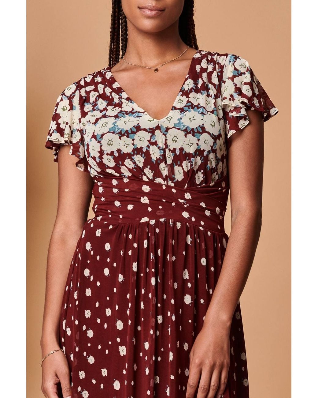 Jolie Moi Brown Carlii Symmetrical Print Mesh Maxi Dress