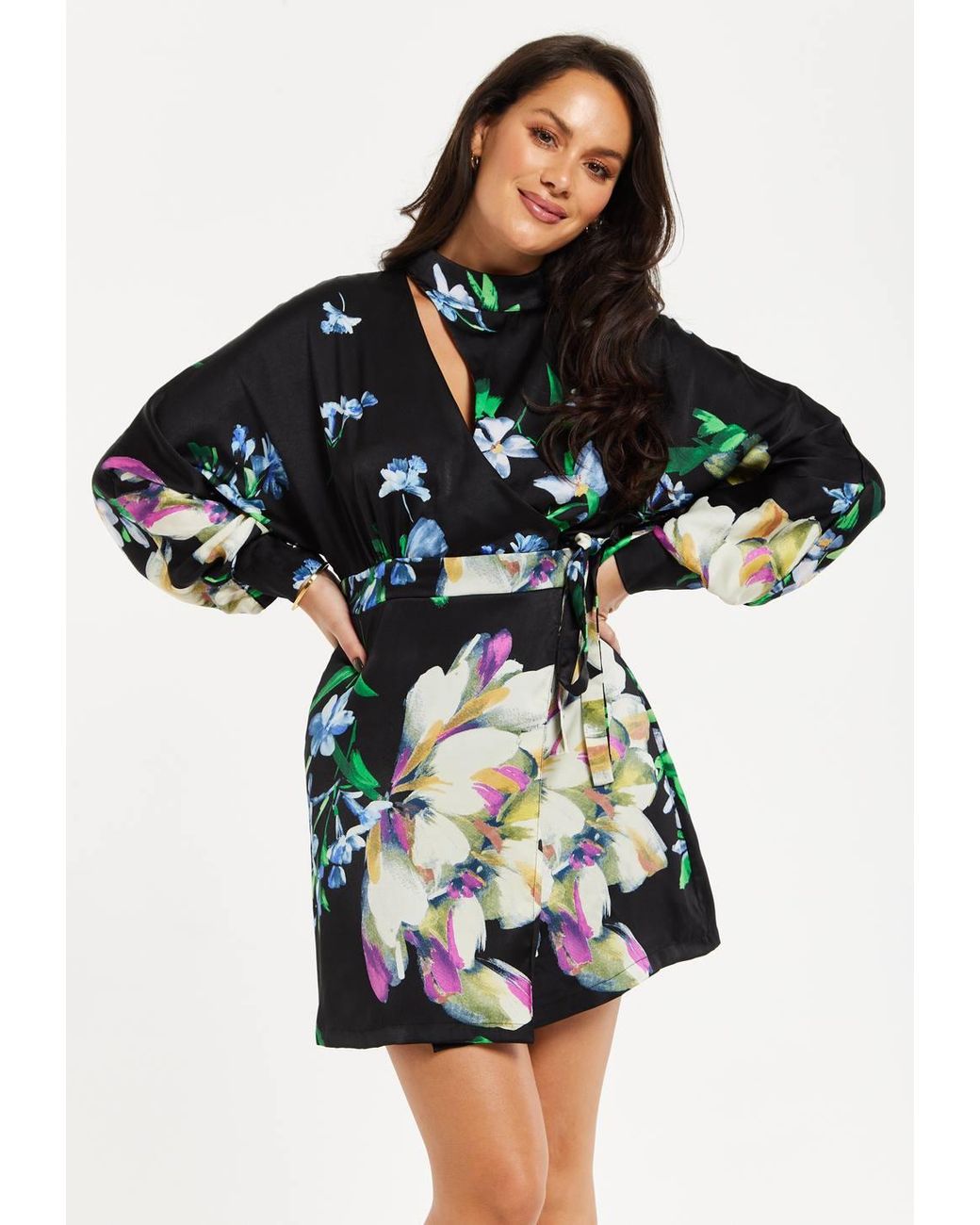 Liquorish Black Elegant Floral Print Mini Wrap Dress W/ Cut Out Detail