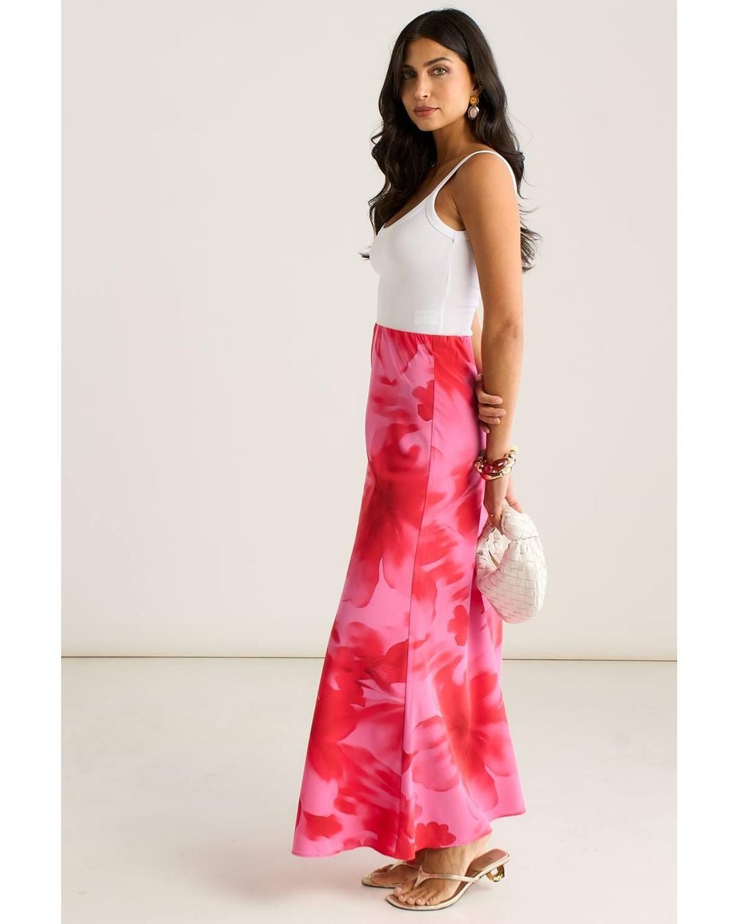 Gini London Red Watercolor Floral Print A Line Maxi Skirt