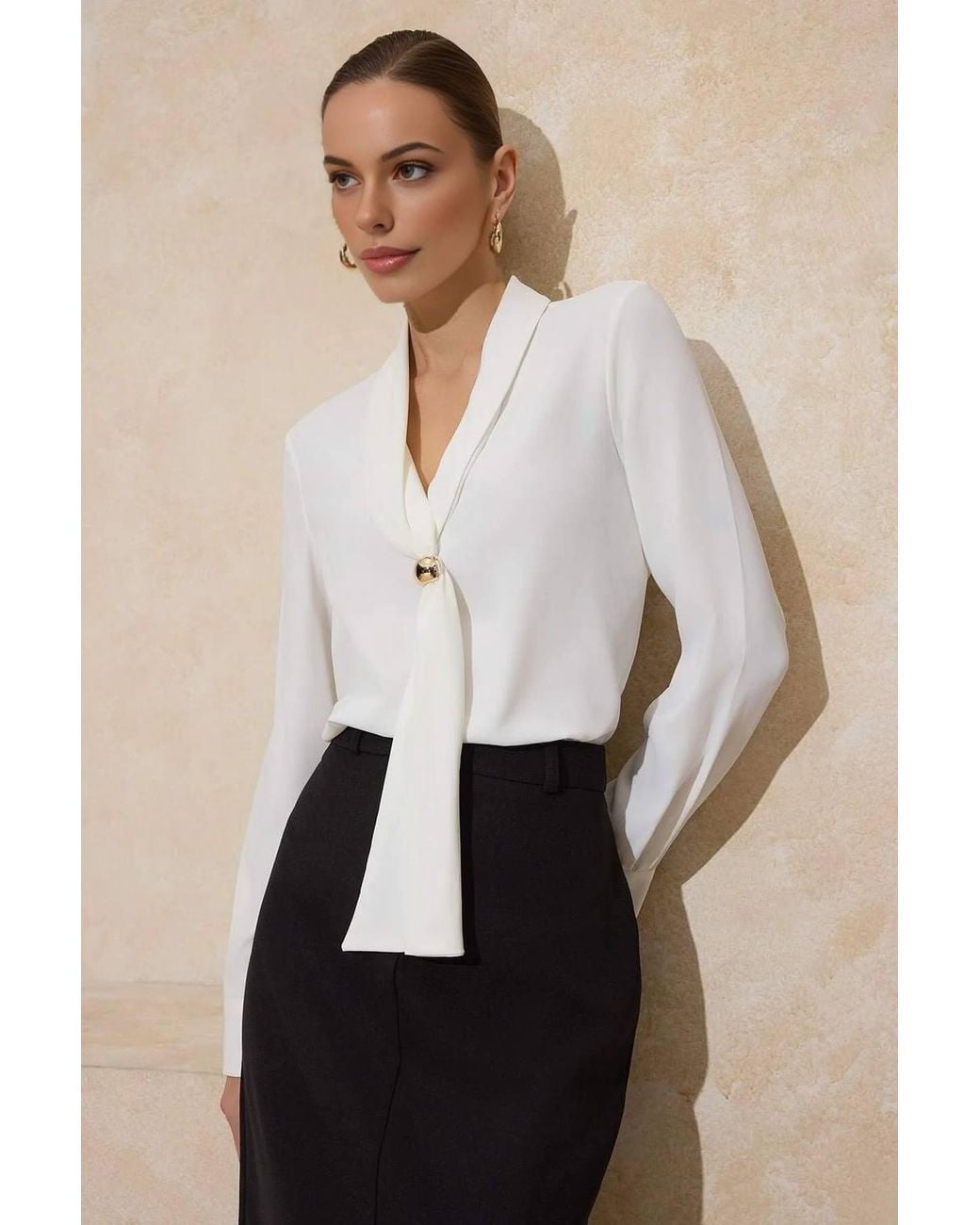 WOVCOR Natural Fular Neck Accessory Detail Long Sleeve Satin Blouse
