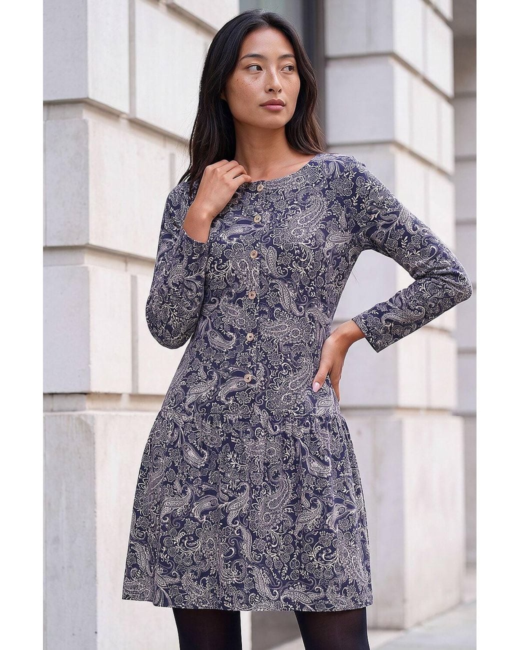 Roman Blue Petite Paisley Button Down Dress