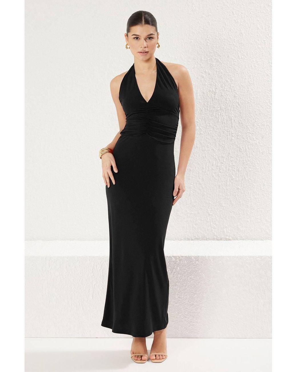 WOVCOR Black V Neck Drape Detail Bodycon Maxi Dress