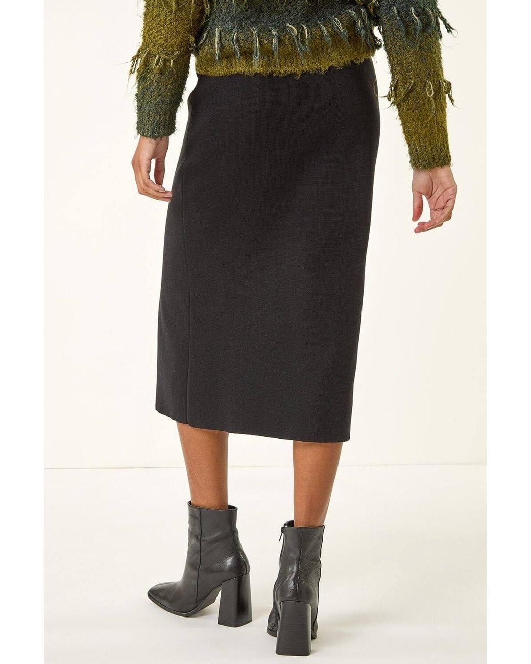 Roman Black Fringe Side Knit Midi Pencil Skirt