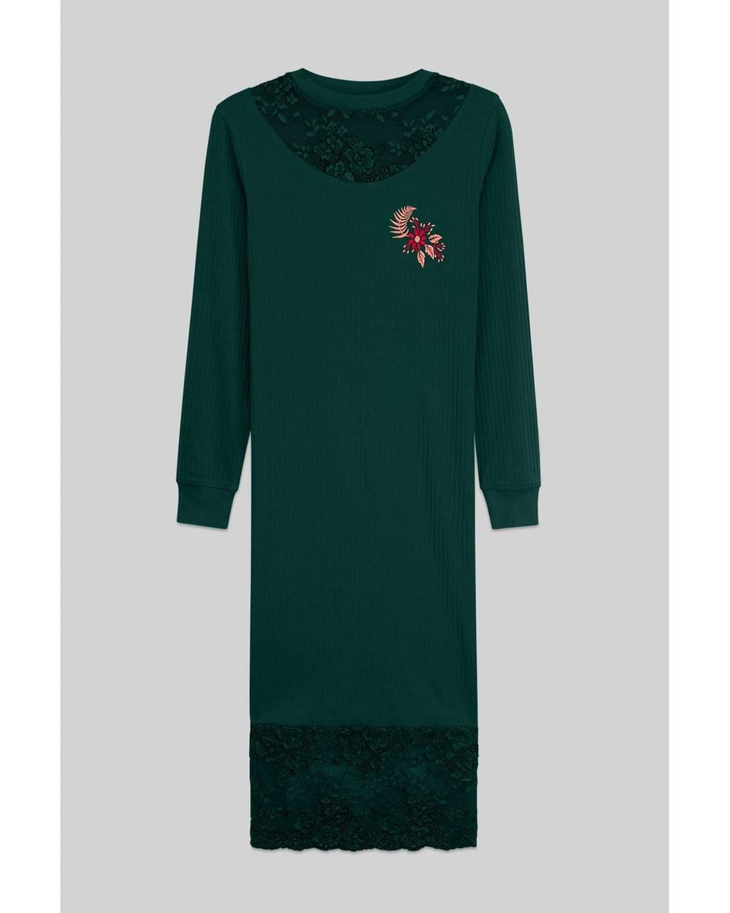 Enorsia Green Lace Detail Long Sleeve Midi Dress