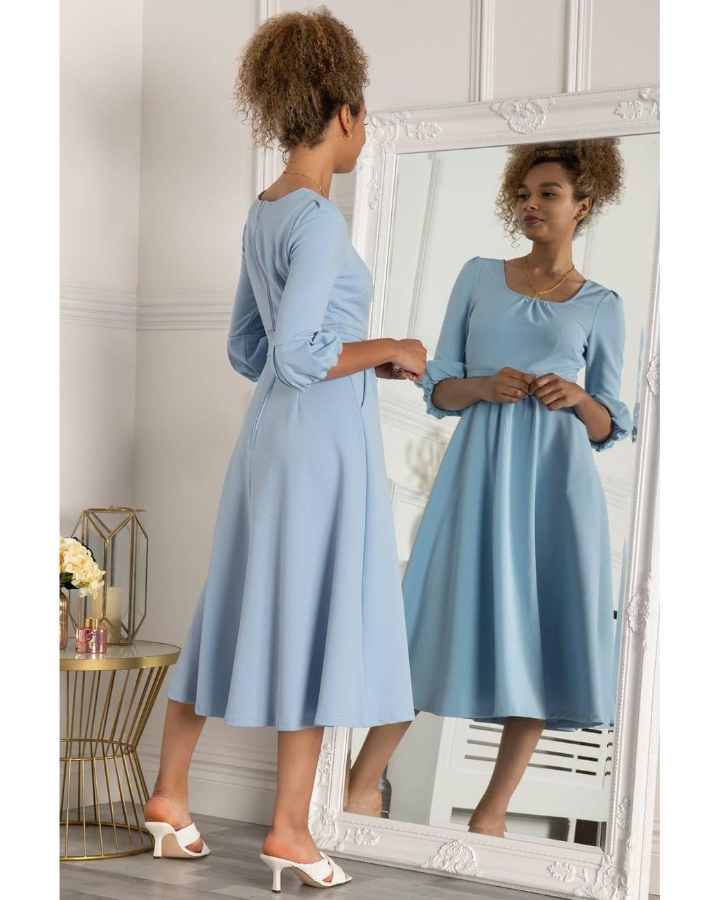 Jolie Moi Blue Bell Sleeve Flare Midi Dress
