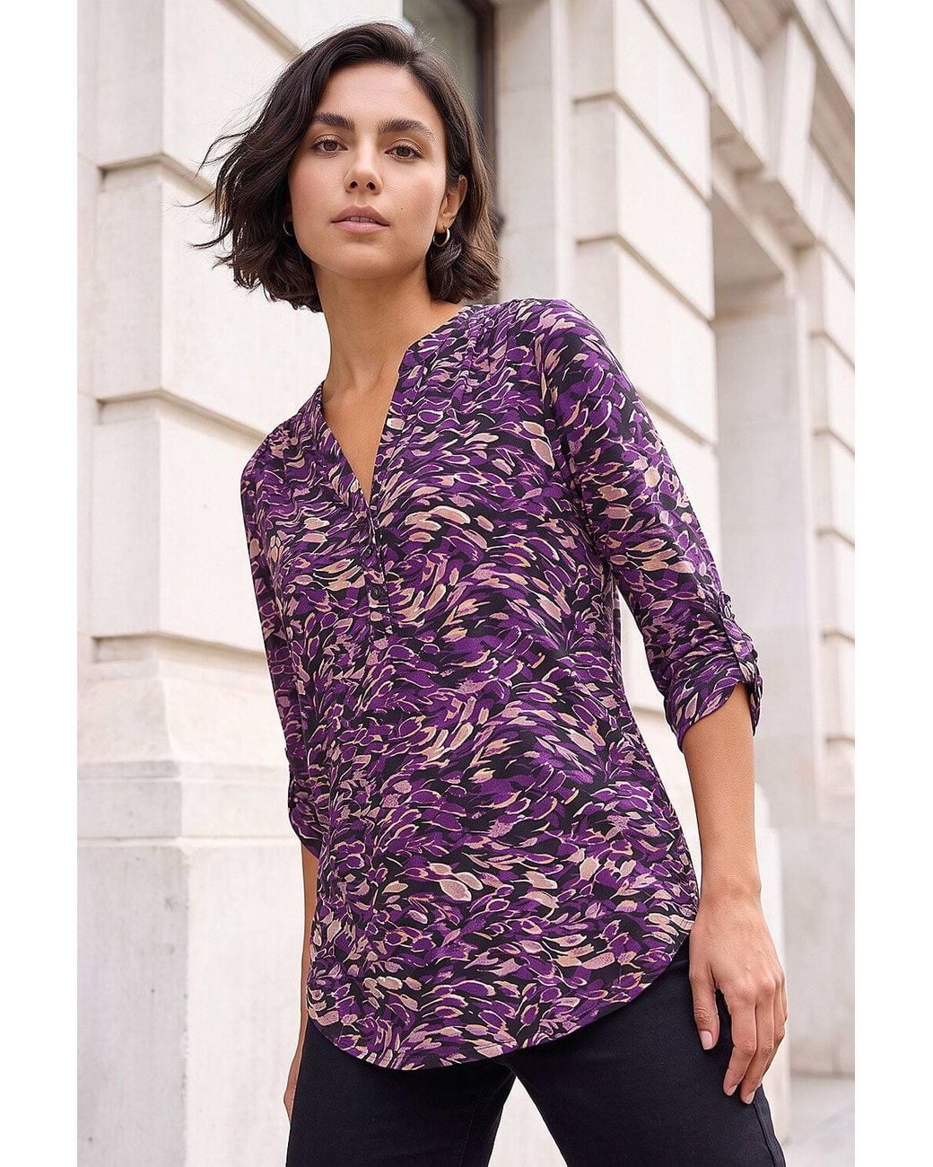 Roman Purple Abstract Print V-Neck Stretch Shirt
