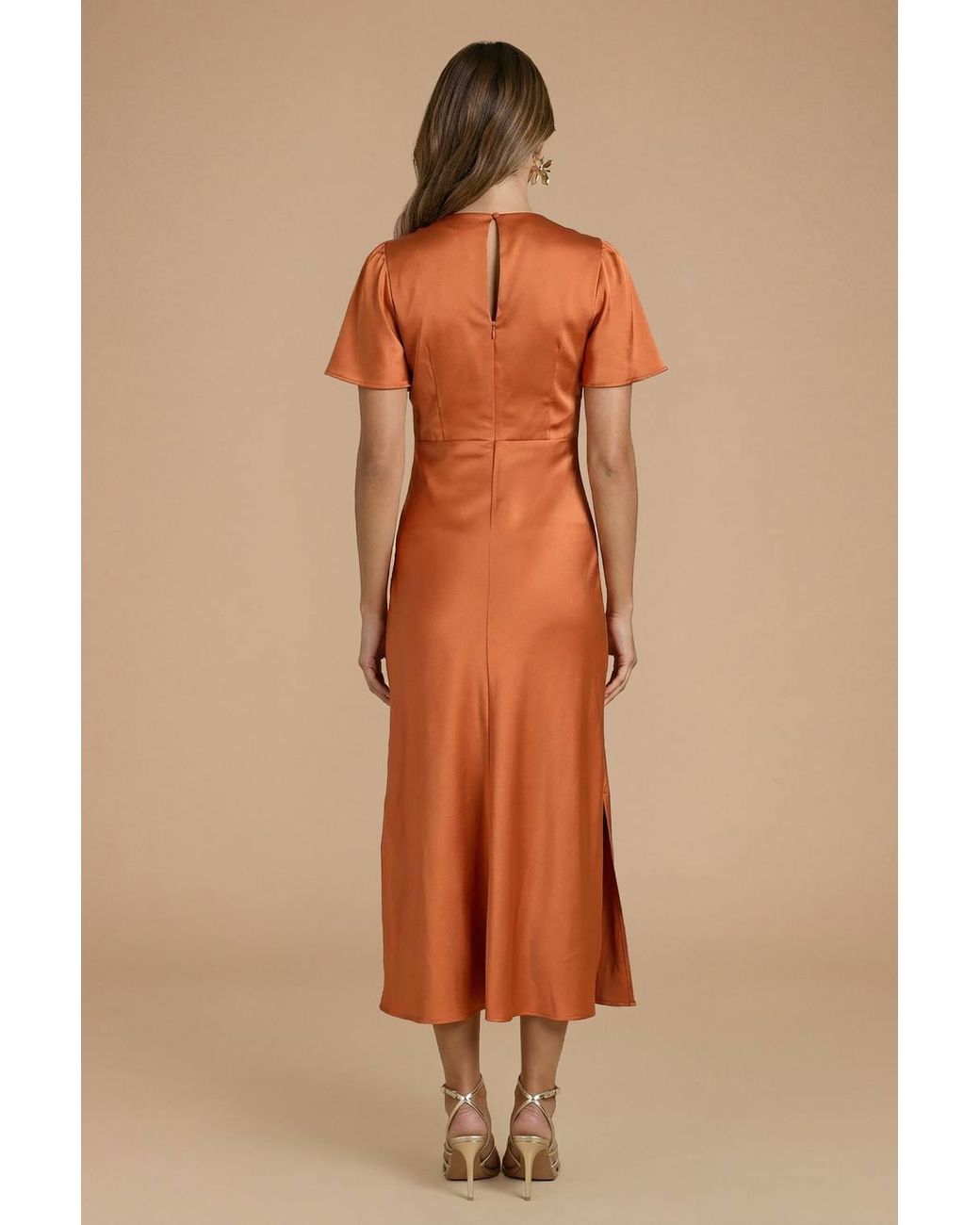 Oasis Brown Satin Twist Front Angel Sleeve Midi Bridesmaid Dress