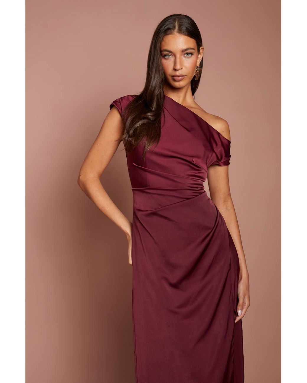 Coast Red Off Shoulder Satin Side Tie Midi Dress