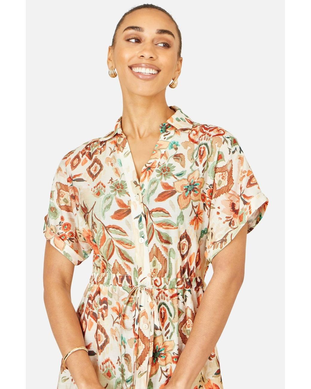 Yumi' Natural Viscose Relaxed Boho Print Maxi Shirt Dress