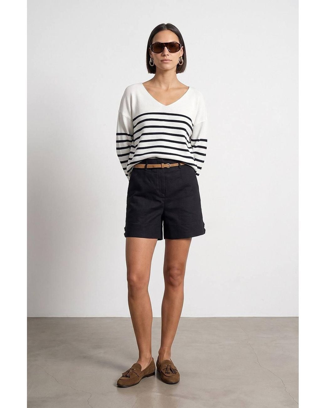 Dilvin White Striped V-Neck Ribbed Knit Sweater