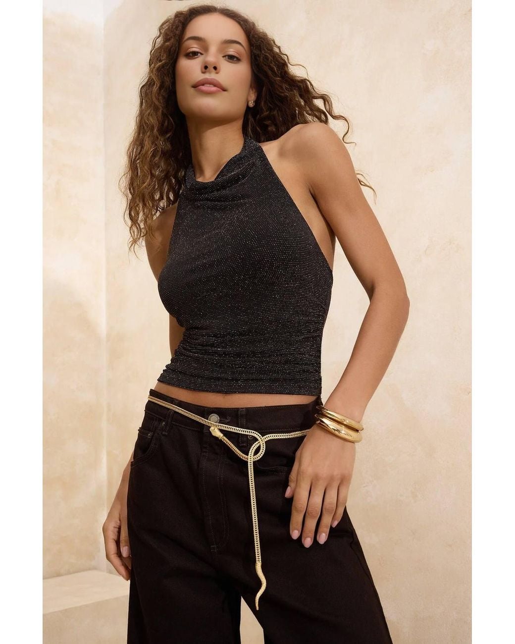 WOVCOR Black Sparkle Cowl Neck Party Top W/ Sleeveless Design