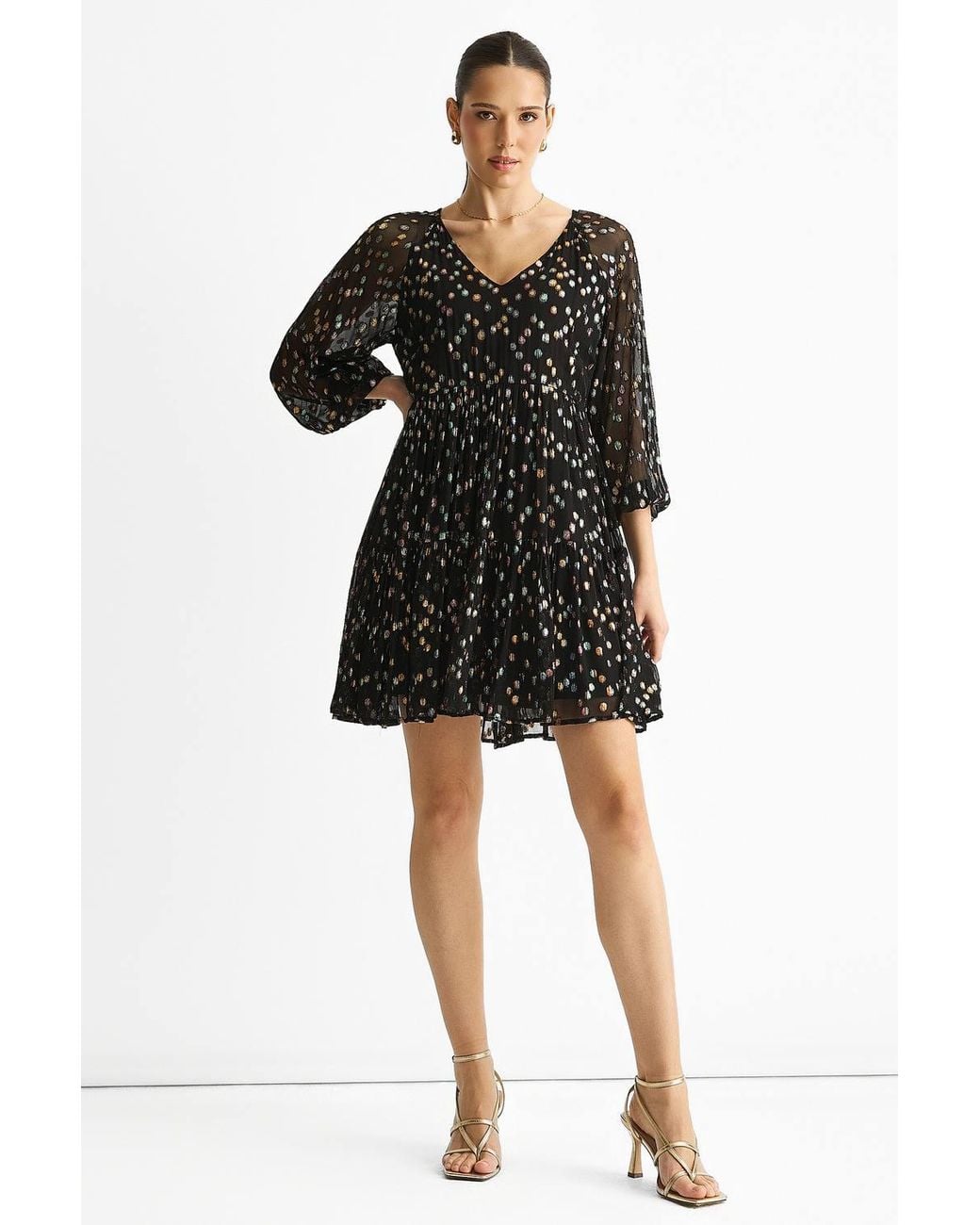 Gini London Black Multicolored Spot Viscose Clipped Jacquard Mini Tiered Dress