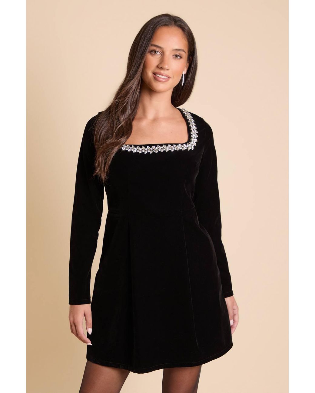 Dorothy Perkins Black Velvet Embellished Neckline Structured Mini Dress