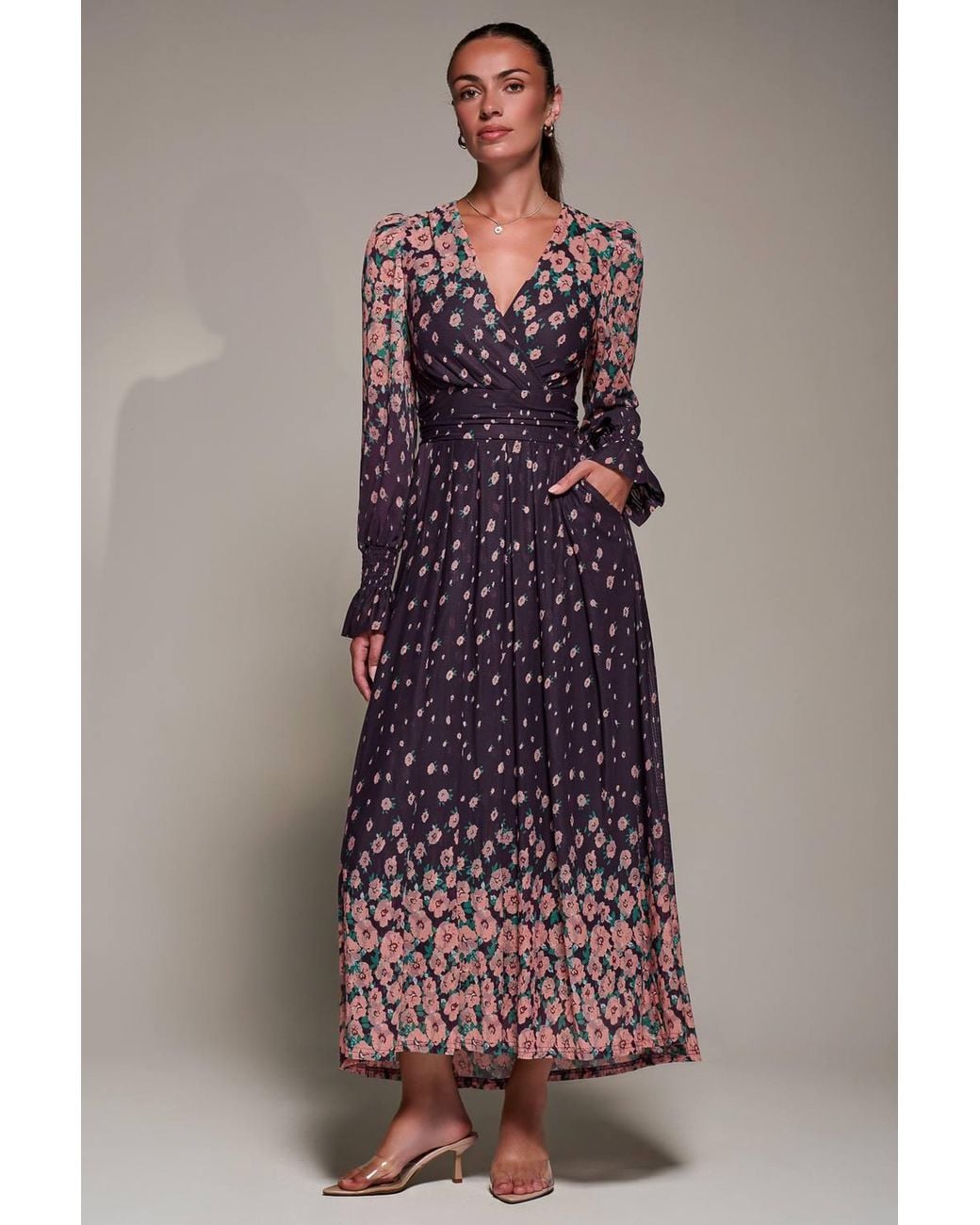 Jolie Moi Purple Mirrored Print Long Sleeve Mesh Maxi Dress