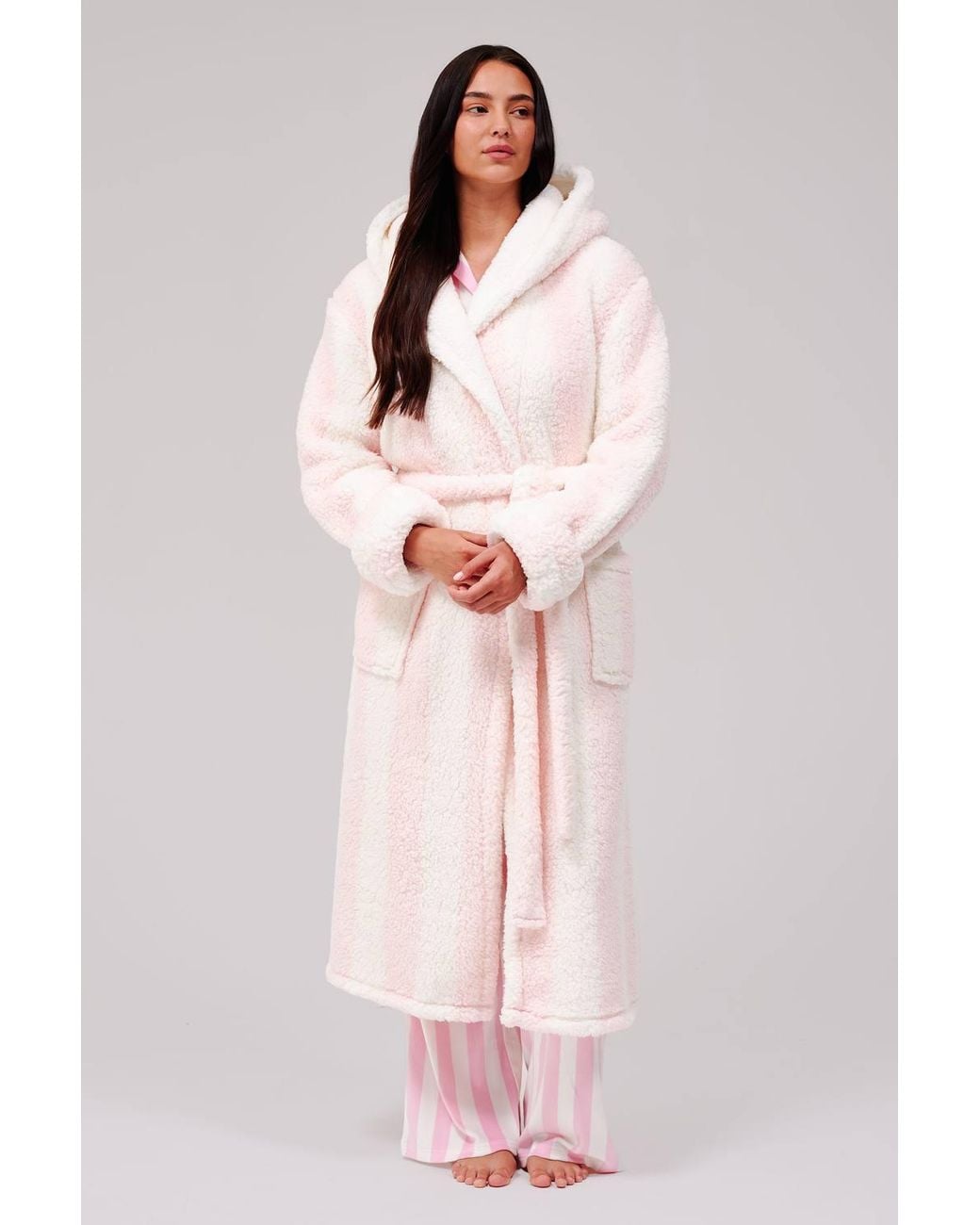 Loungeable Pink Chunky Sherpa Stripe Midi Hooded Dressing Gown