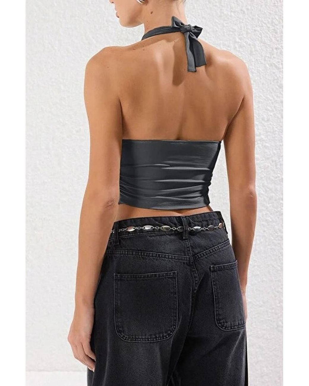WOVCOR Gray Halter Neck Ruched Side Crop Top