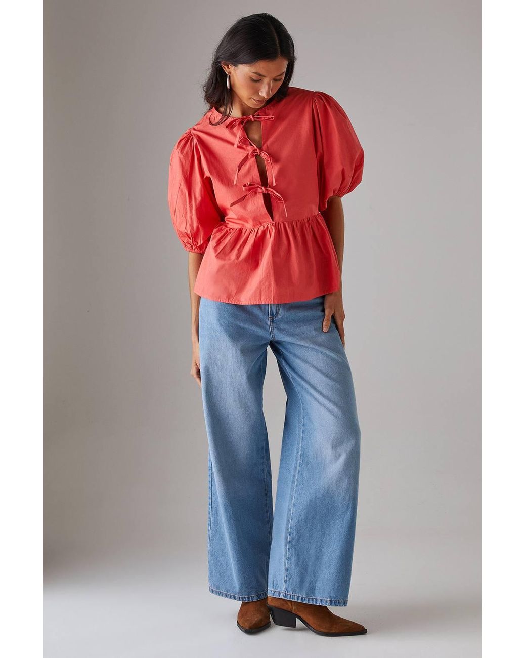 Warehouse Red Poplin Tie Front Volume Sleeve Blouse